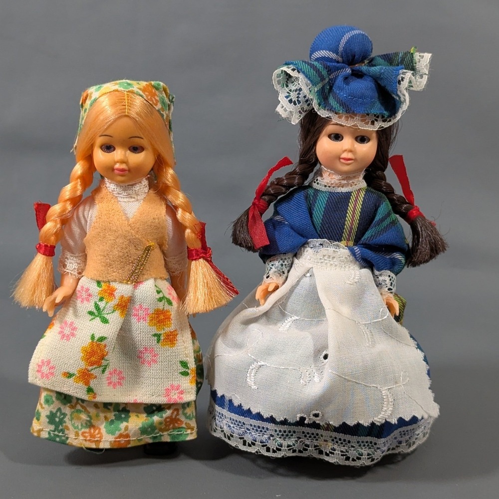 Vintage Miniature Plastic Folk Dolls Set Traditional Costume Plaid Floral 6"